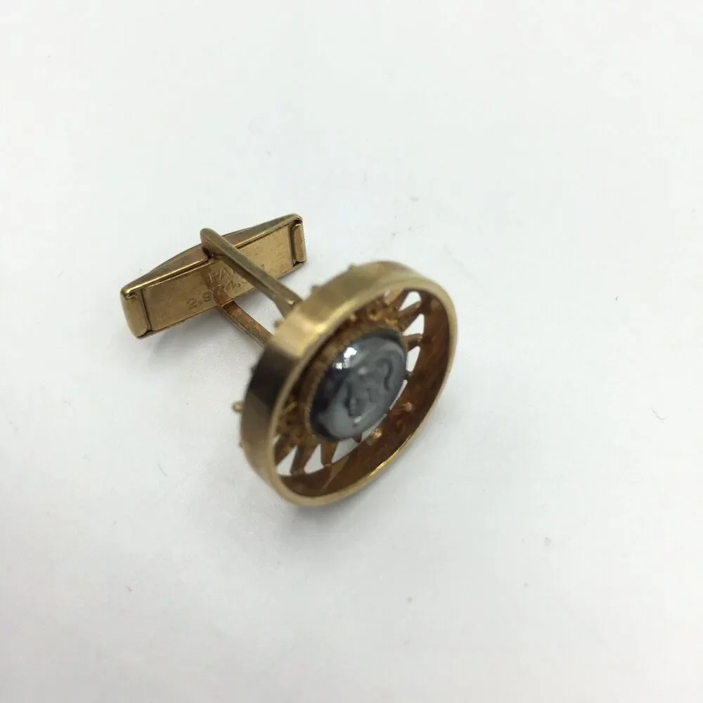 Vtg Gray Roman Soldier Cameo Profile Gold Tone Cufflinks Round Sun Burst 3/4